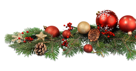 Christmas toys on fir tree branch , isolated on white