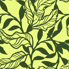 Nature seamless vector pattern with hand drawn twig, tree branch with leaves, tropical summer time. Ecological rural theme for poster print, wrapping paper, wallpaper, clothes textile, fabric design. © Berolina