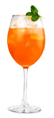 Orange cocktail with mint garnish front view