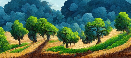Rural countryside farming area with tall trees, plowed fields, hills and late afternoon clouds. Tranquil outdoors nature scene - Pastel stylized illustration art.