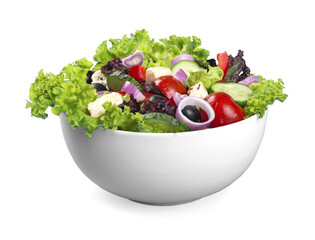 Close-up photo of fresh salad with vegetables in white plate