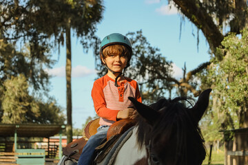 young boy with a horse riding and feeding and petting 