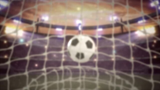 Football Stadium. The soccer ball flies into the net. 3d Animation. 04.
