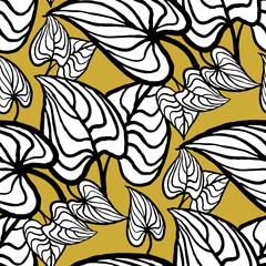 Nature seamless vector pattern with hand drawn twig, tree branch with leaves, tropical summer time. Ecological rural theme for poster print, wrapping paper, wallpaper, clothes textile, fabric design. © Berolina
