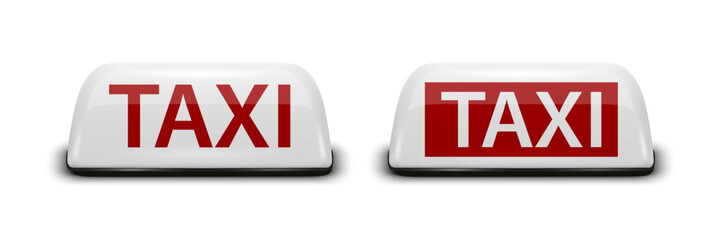 Vector 3d Realistic Taxi Car Roof Sign Icon Set Closeup Isolated. White and Red French Taxi Sign, Design Template for Taxi Service, Mockup. Front View