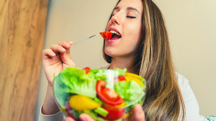 Pregnant healthy eating salad. Pregnancy woman eating nutrition healthy food. Healthy breakfast concept.