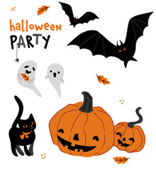 Halloween elements set on white. Cute black cat with pumpkins, ghosts and bats. Halloween party
