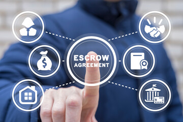 Realtor using virtual touchscreen presses word: ESCROW AGREEMENT. Concept of escrow agreement.