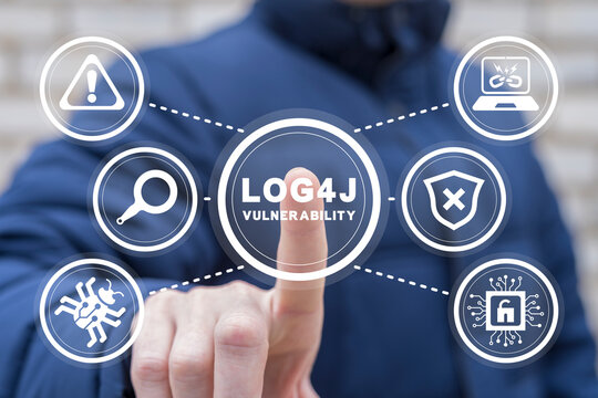 Log4j vulnerability concept. Electronic security specialist using virtual touch screen presses inscription: LOG4J VULNERABILITY. Security vulnerability Log4J detected.