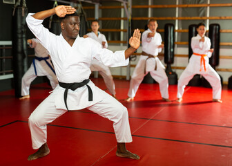 Fototapeta premium African american man in kimono fighting stance at karate training