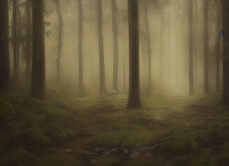 Fototapeta premium Landscape Fantasy Sunlight Nature Fog Autumn Trees Morning Wood Leaf Sun Mist Light Dark Foggy Green Pine Forest Woodland Tree Path Sunrise Woods Misty Summer