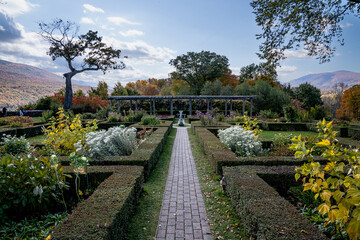 Manchester, VT - USA - Oct 9, 2022 Horizontal image of the Formal Garden of Hildene, the former...
