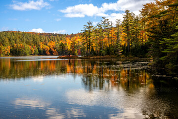 Fototapeta na wymiar Londonderry, VT - USA - Oct. 8, 2022 Landscape autumnal view of the picturesque 102-acre Lowell Lake, located in Vermont’s Lowell Lake State Park. Red, yellow orange trees reflecting in the water.