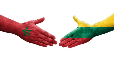 Handshake between Lithuania and Morocco flags painted on hands, isolated transparent image.