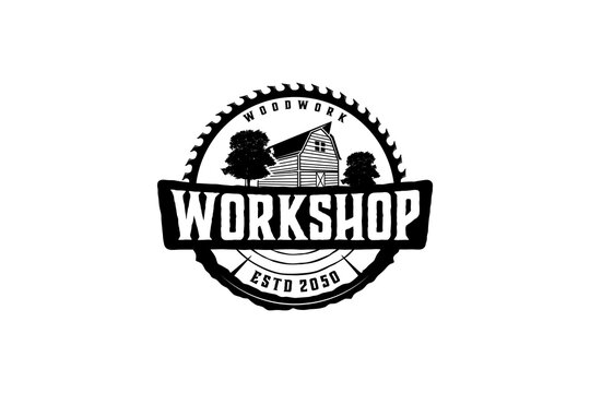Wood Barn logo design wood house carpenter workshop with circular saw emblem banner vintage silhouette