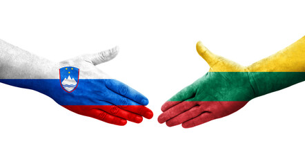 Handshake between Lithuania and Slovenia flags painted on hands, isolated transparent image.