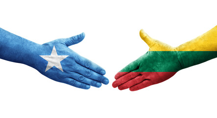Handshake between Lithuania and Somalia flags painted on hands, isolated transparent image.