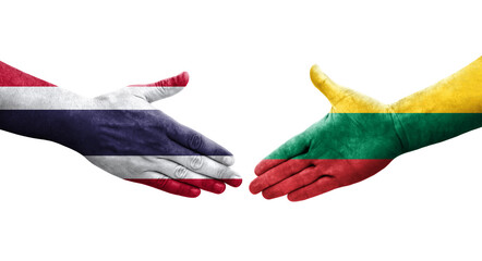 Handshake between Lithuania and Thailand flags painted on hands, isolated transparent image.