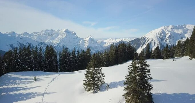 Aerial View of Swiss Snowy Landscape in Schwyz, Switzerland