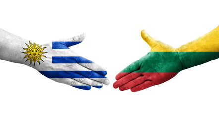 Handshake between Lithuania and Uruguay flags painted on hands, isolated transparent image.