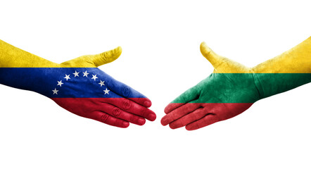 Handshake between Lithuania and Venezuela flags painted on hands, isolated transparent image.