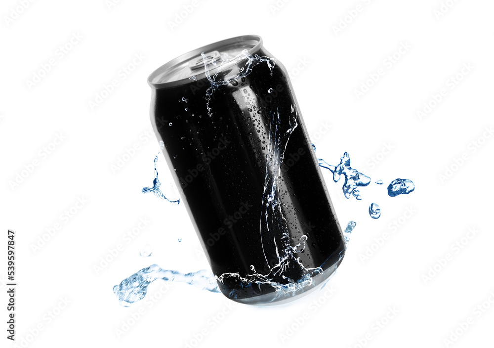 Wall mural black aluminum can with splash of water on white background