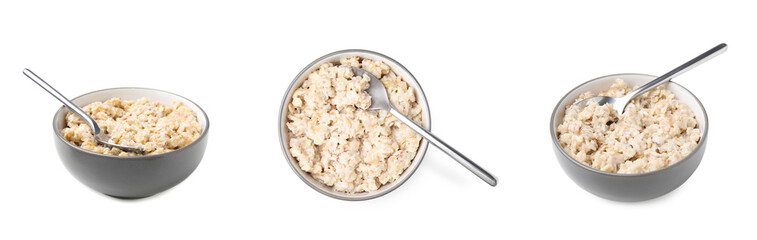 Set with tasty oatmeal porridge on white background. Banner design