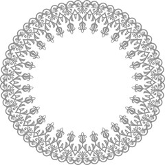 Oriental vector silver round frame with arabesques and floral elements. Floral border with vintage pattern. Greeting card with circle and place for text