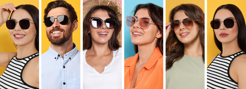 Collage with photos of people with stylish sunglasses on different color backgrounds. Banner design