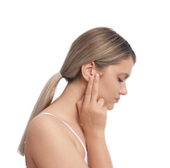 Young woman suffering from ear pain on white background