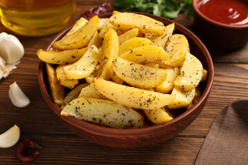 Bowl with tasty baked potato wedges, spices and garlic on wooden table, closeup