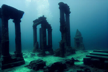Illustration of an ancient underwater city, lost city of Atlantis