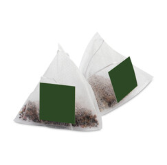 New pyramid tea bags on white background