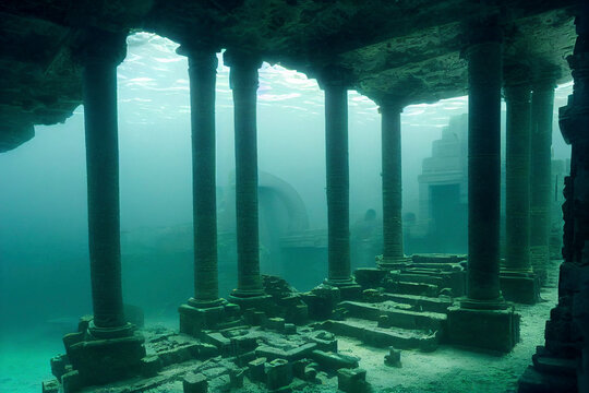 Illustration Of An Ancient Underwater City, Lost City Of Atlantis