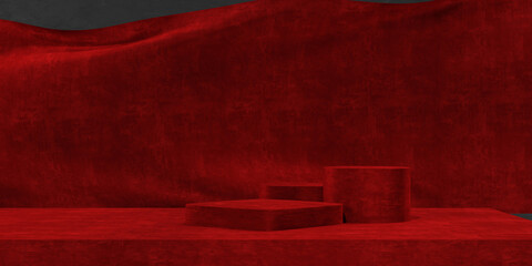 Red color podium on red velvet fabric flying wave. Luxury background for branding and product presentation. 3d rendering illustration.