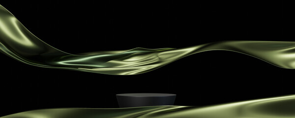 Green fabric flying and podium. Luxury blackground for branding and product presentation. 3d rendering illustration.