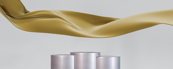 Podium and gold fabric flying wave. Luxury background for branding and product presentation. 3d rendering illustration.