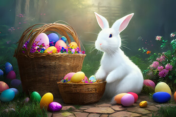 A white bunny with baskets of colorful Easter eggs. Spring season symbolism. Generative AI creation.