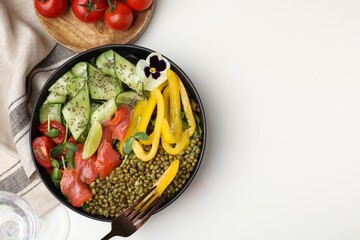 Bowl of salad with mung beans on white table, flat lay. Space for text