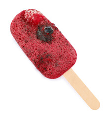 Tasty berry ice pop isolated on white, top view. Fruit popsicle