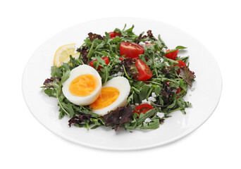 Delicious salad with boiled egg, arugula and tomatoes isolated on white