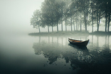 Illustration of a rowboat on a foggy lake_1
