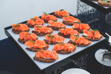 Catering table, beautifully decorated banquet with variety of with different food snacks appetizers on corporate birthday party event or wedding celebration, canape, salad, delicatessen setting