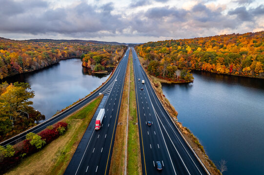 Interstate 84 in northern Connecticut surrounded by fall foliage. 