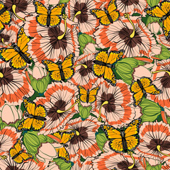 Seamless botanical pattern with monarch butterflies and hibiscus flowers vector illustration 