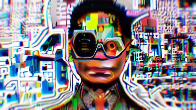 Black Man Retro Futuristic in Virtual Reality Glitch Loop Animation