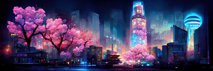 Fototapeta premium Fantasy night city Japanese landscape, neon light, residential buildings, big sakura tree. Night urban fantasy background. 3D illustration. Generative AI