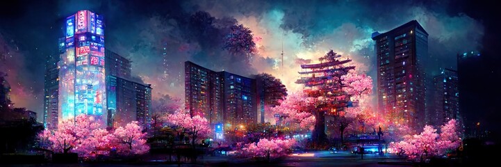 Fantasy night city Japanese landscape, neon light, residential buildings, big sakura tree. Night urban fantasy background. 3D illustration. Generative AI