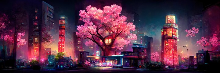 Fototapeta premium Fantasy night city Japanese landscape, neon light, residential buildings, big sakura tree. Night urban fantasy background. 3D illustration. Generative AI