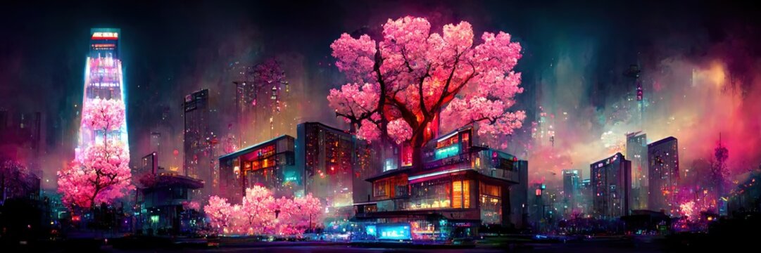 Fantasy Night City Japanese Landscape, Neon Light, Residential Buildings, Big Sakura Tree. Night Urban Fantasy Background. 3D Illustration.